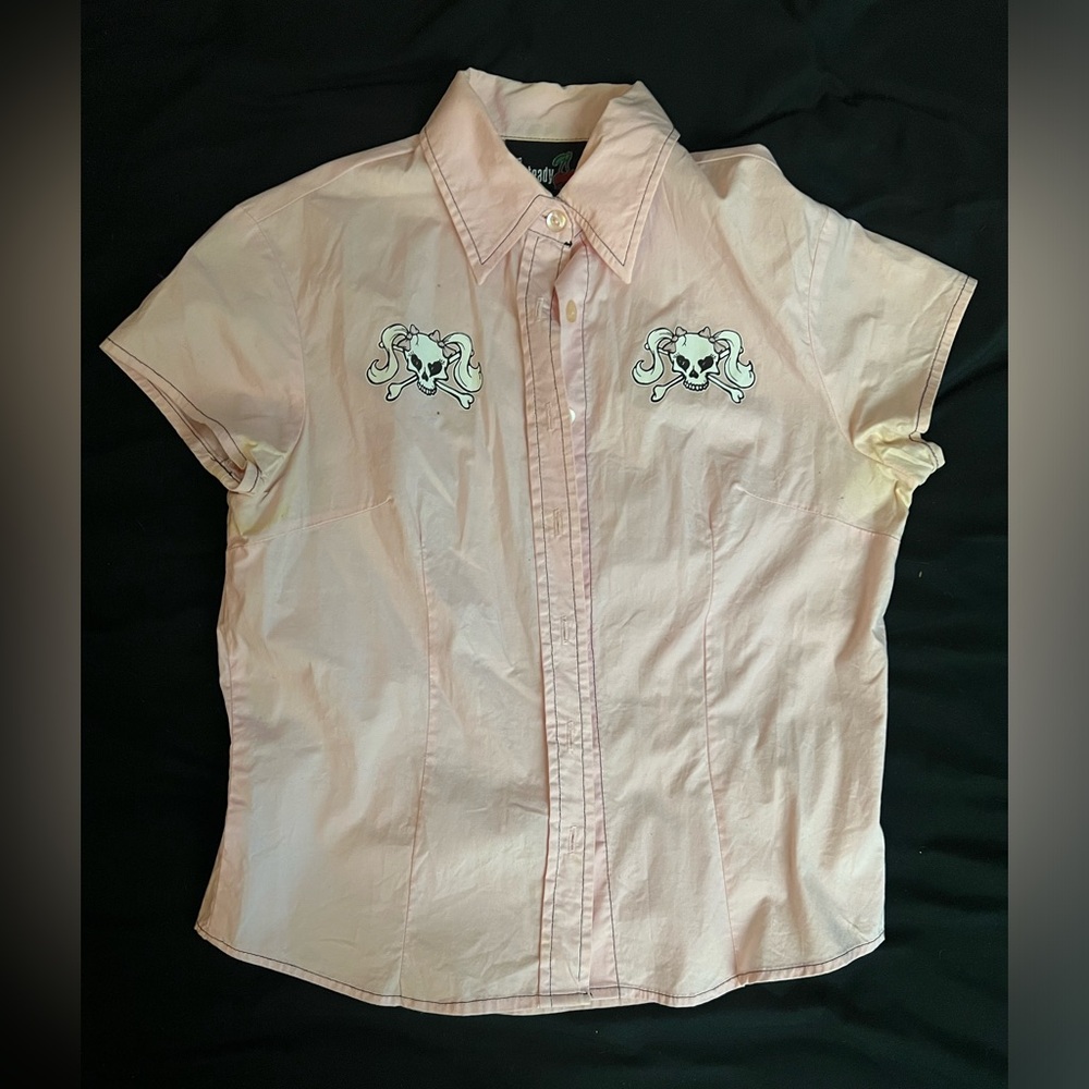 Baby pink Rocksteady western style dress shirt with skulls